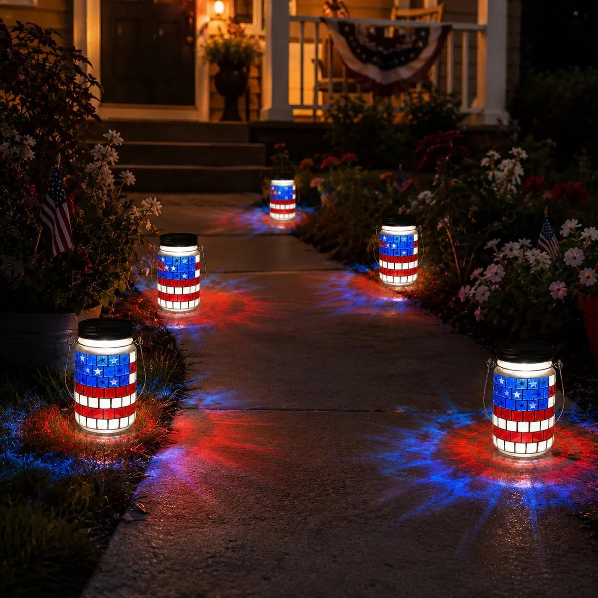 Solar Patriotic Mason Jar Lantern with Mosaic Projections