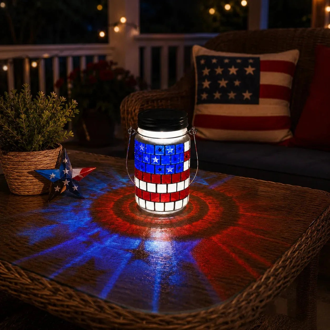 Solar Patriotic Mason Jar Lantern with Mosaic Projections