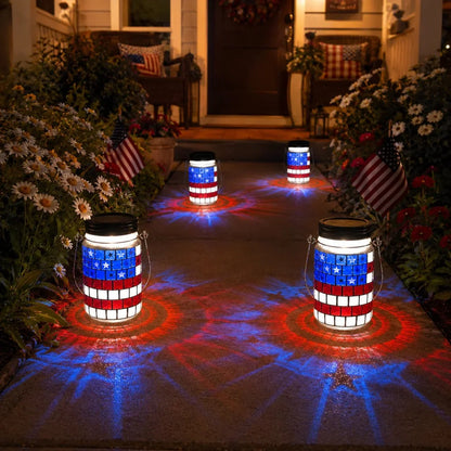 Solar Patriotic Mason Jar Lantern with Mosaic Projections