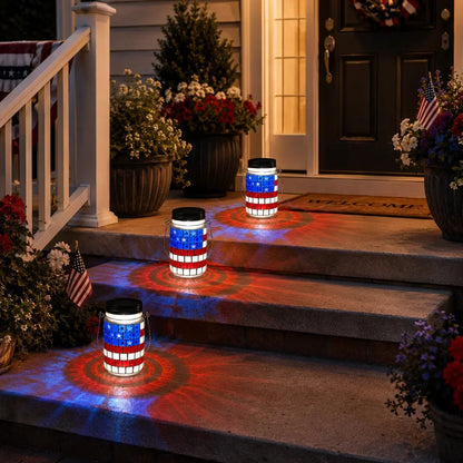 Solar Patriotic Mason Jar Lantern with Mosaic Projections
