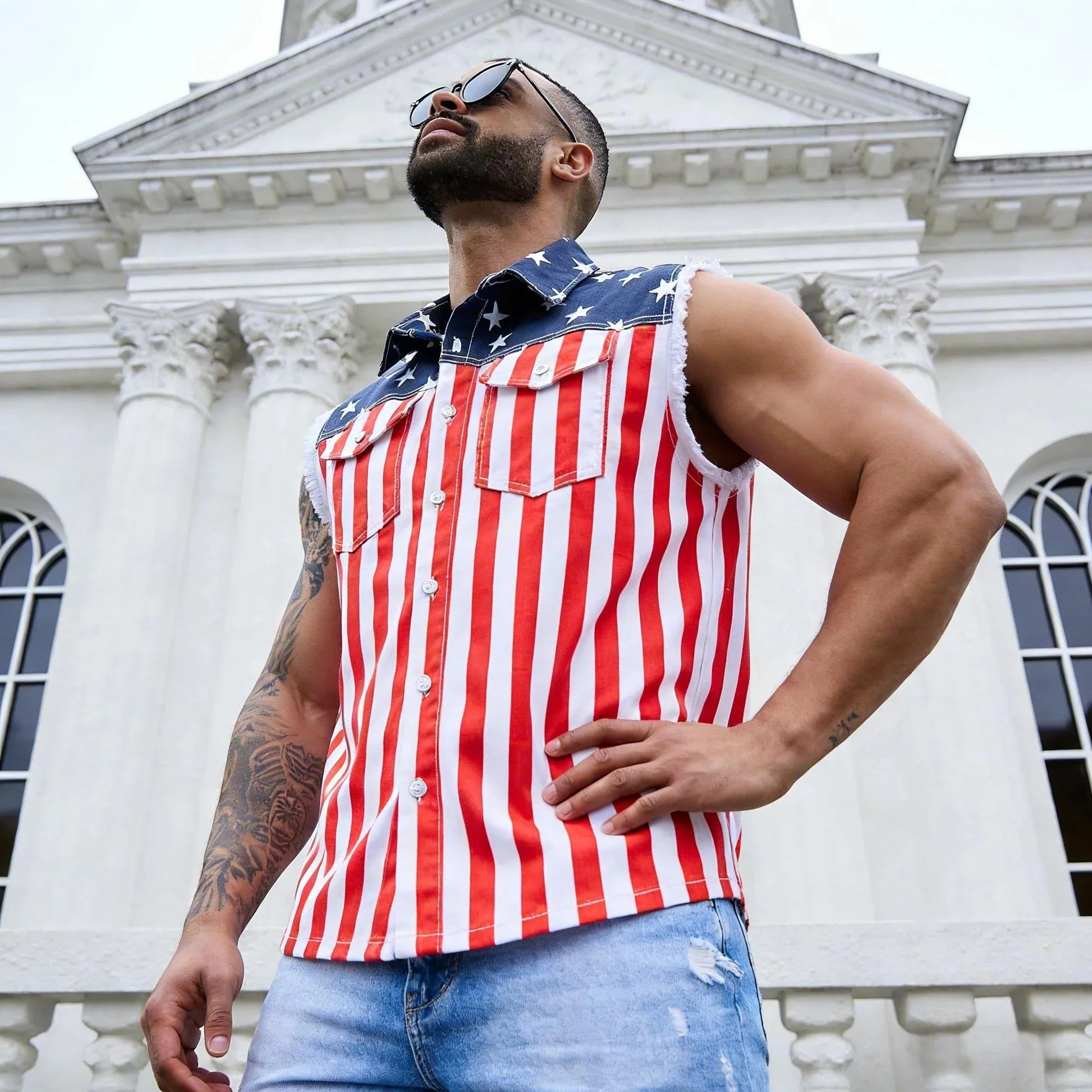 Purpose-Built Men's American Flag Denim Vest - 4th of July Patriotic