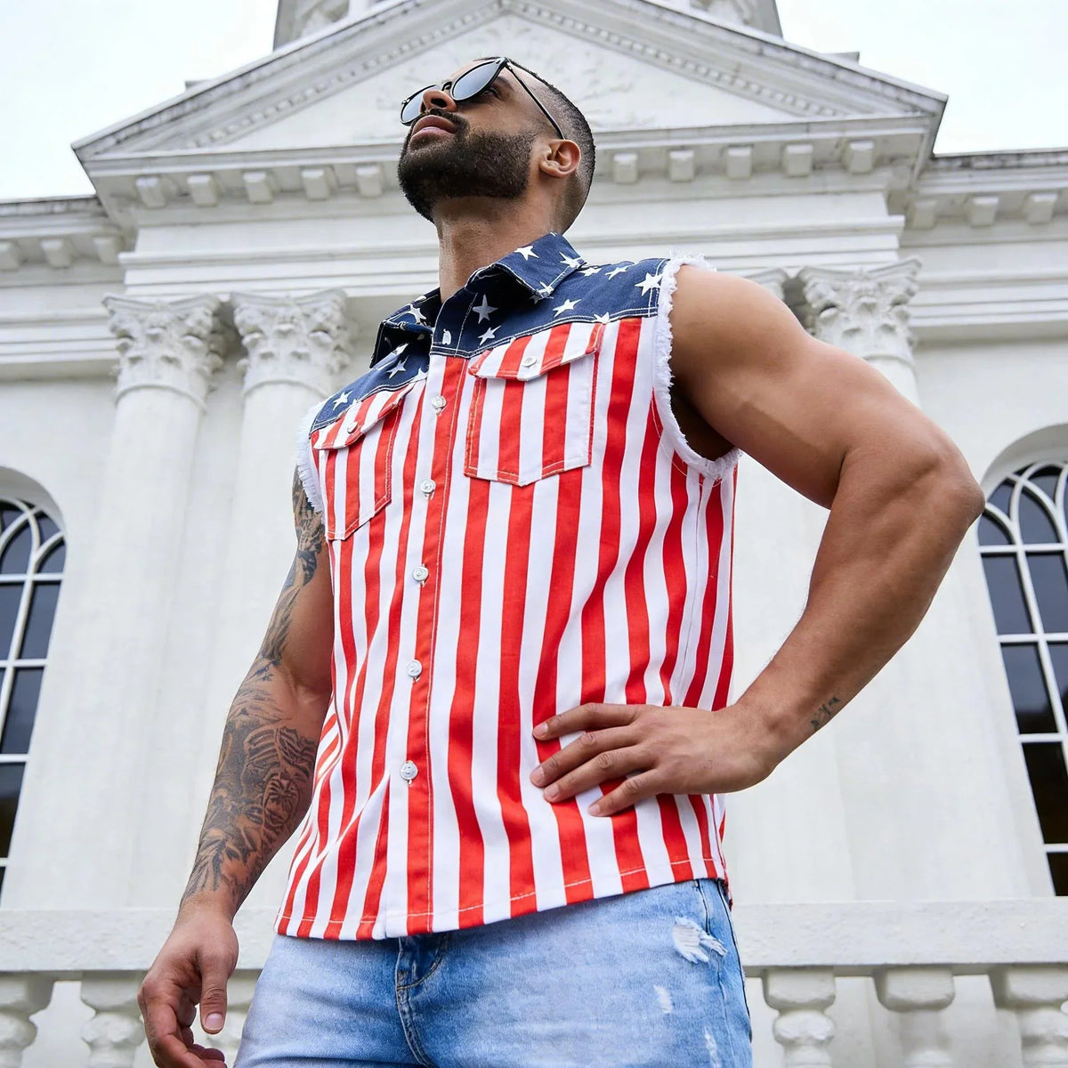 Purpose-Built Men's American Flag Denim Vest - 4th of July Patriotic