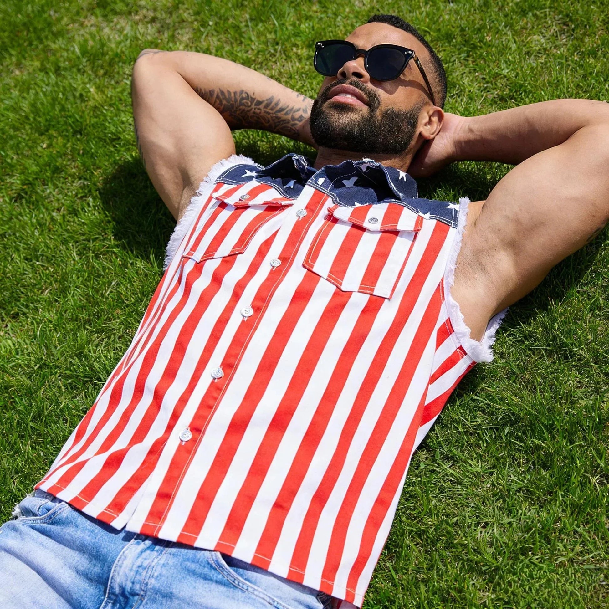 Purpose-Built Men's American Flag Denim Vest - 4th of July Patriotic