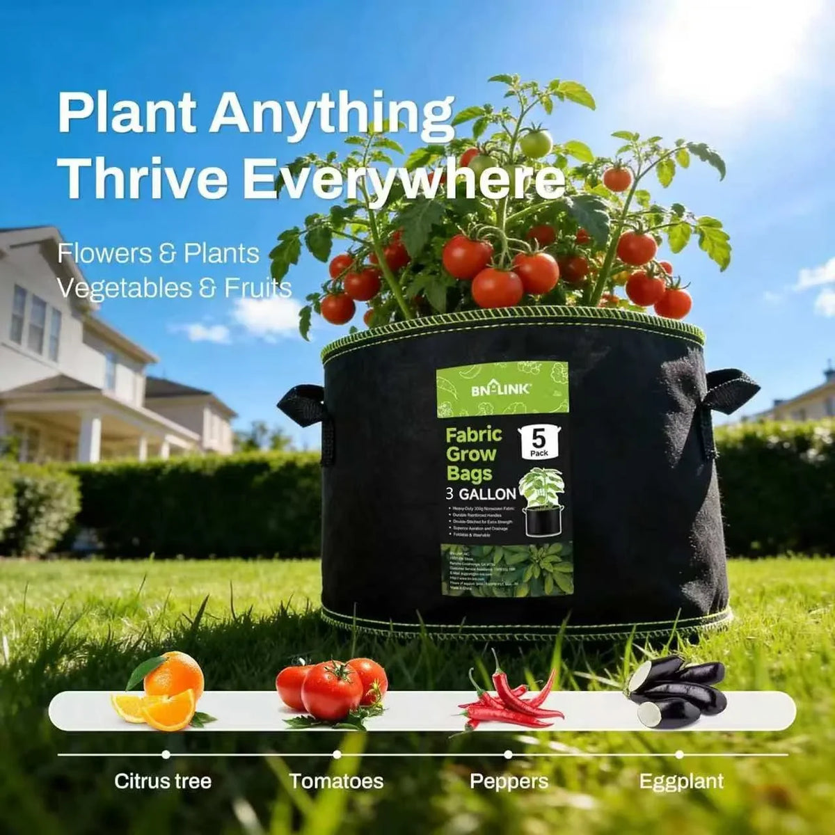 Durable 3-Gallon Fabric Grow Bags (5-Pack)