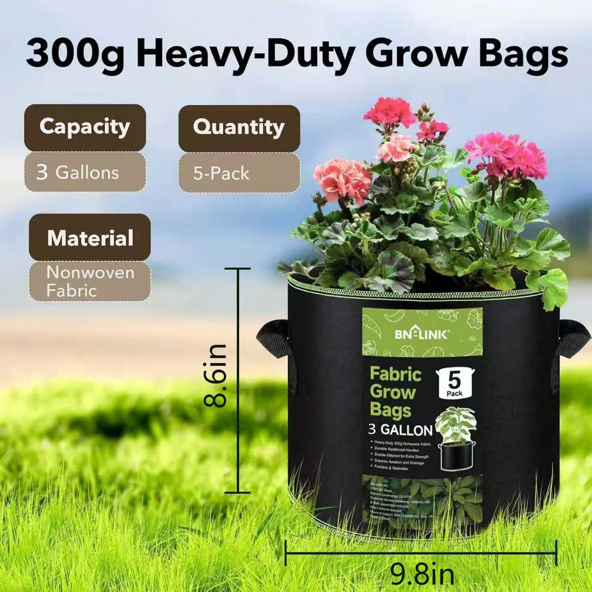 Durable 3-Gallon Fabric Grow Bags (5-Pack)