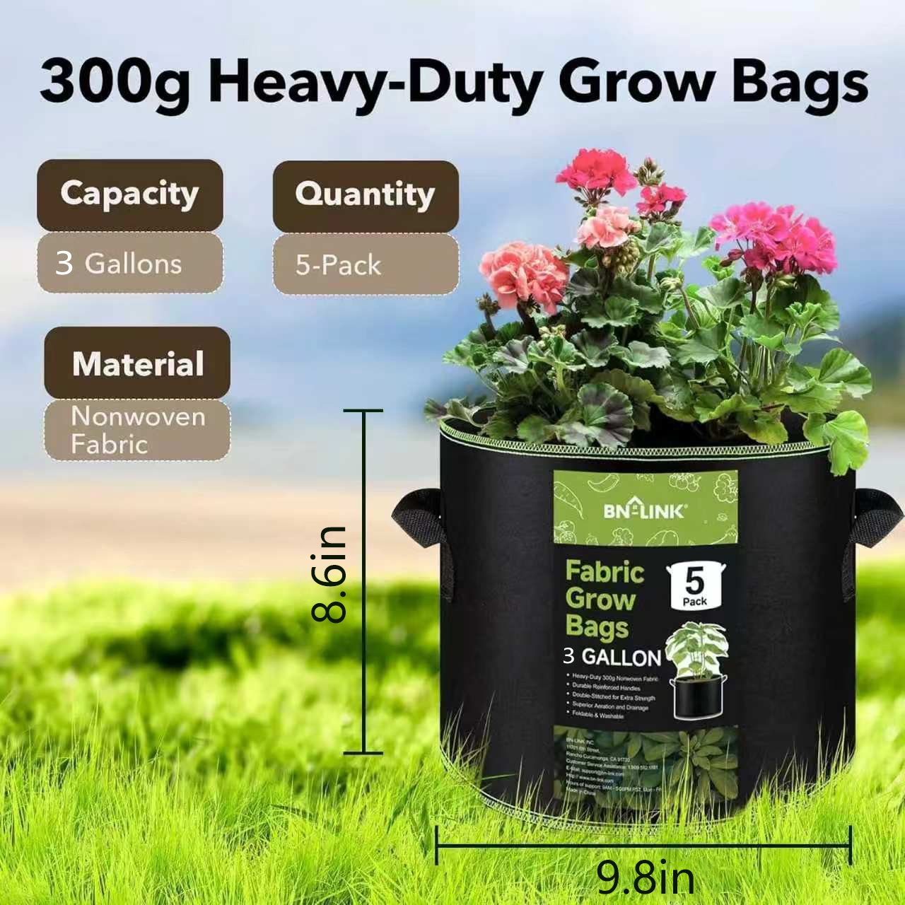 Durable 3-Gallon Fabric Grow Bags (5-Pack)