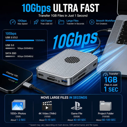 Purpose-Built 6-in-1 Magnetic NVMe SSD Enclosure Hub – 10Gbps, 4K
