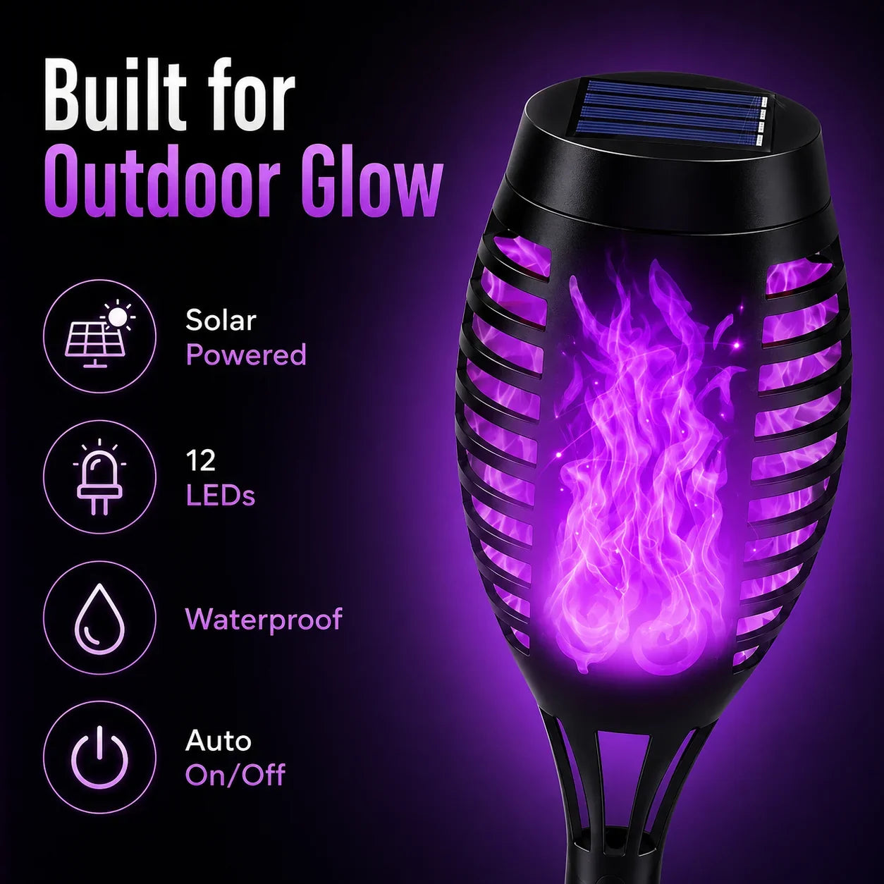 Outdoor 6-Pack Solar Torch Lights：Purple Flickering Flame, Waterproof