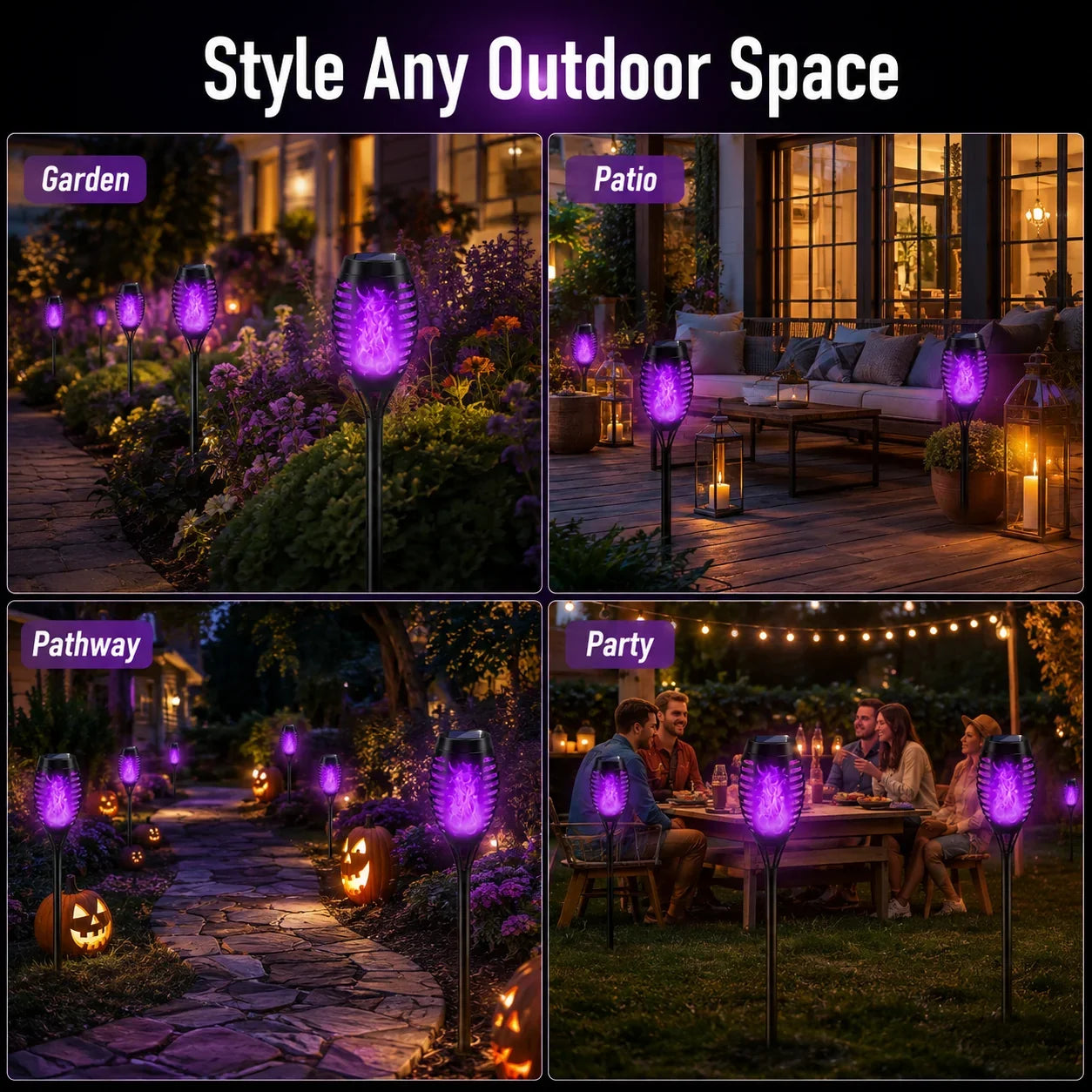 Outdoor 6-Pack Solar Torch Lights：Purple Flickering Flame, Waterproof