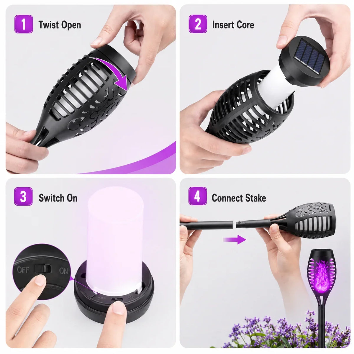 Outdoor 6-Pack Solar Torch Lights：Purple Flickering Flame, Wa – 6 Pack
