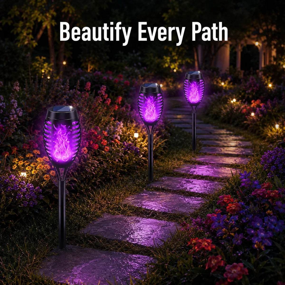 Outdoor 6-Pack Solar Torch Lights：Purple Flickering Flame, Waterproof