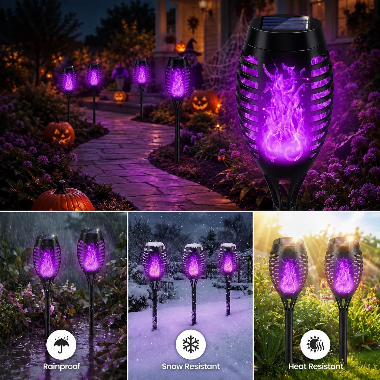 Outdoor 6-Pack Solar Torch Lights：Purple Flickering Flame, Waterproof