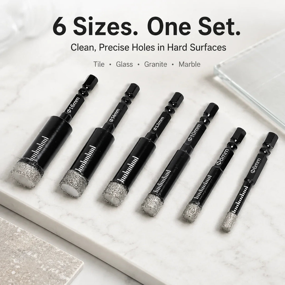 Precision Diamond Hole-Bit Set in Six Sizes for Hard Surfaces