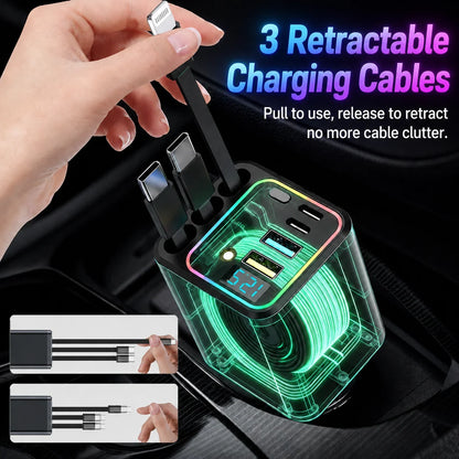 120W Retractable Vehicle Charger with Seven Functions