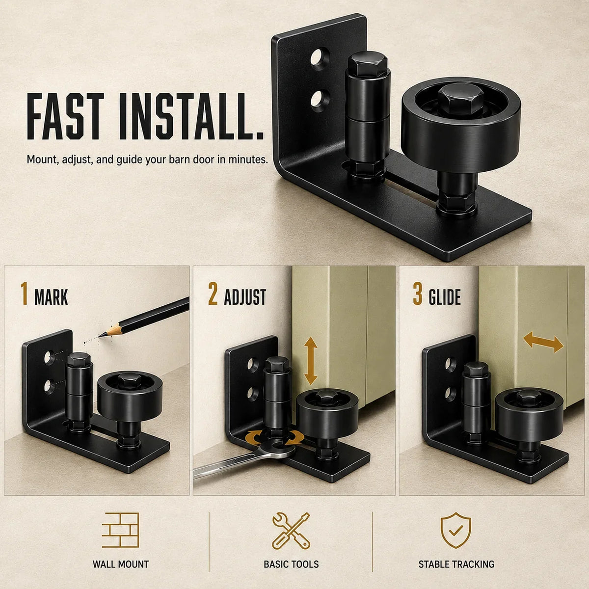 Purpose-Built 8-in-1 Adjustable Barn Door Floor Guide – Wall-Mount