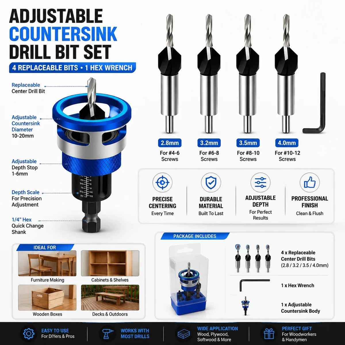 Workshop-Ready Adjustable Countersink Drill Bit Set – Professional
