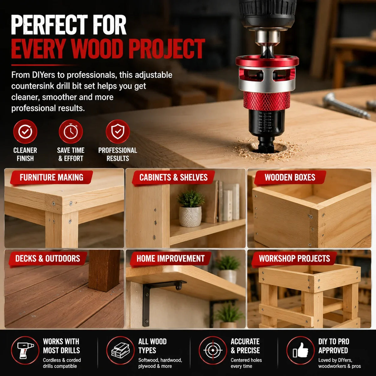 Workshop-Ready Adjustable Countersink Drill Bit Set – Professional