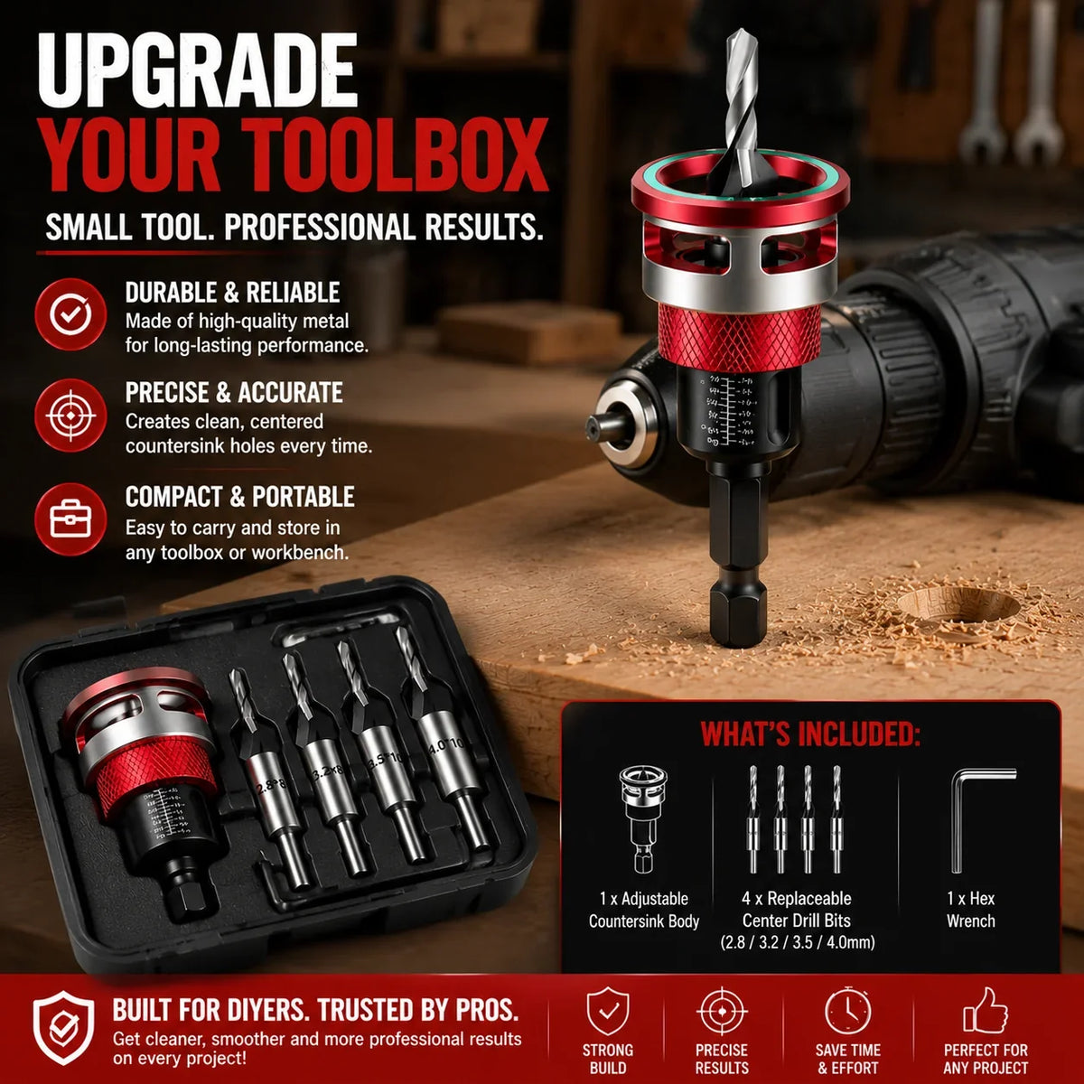 Workshop-Ready Adjustable Countersink Drill Bit Set – Professional
