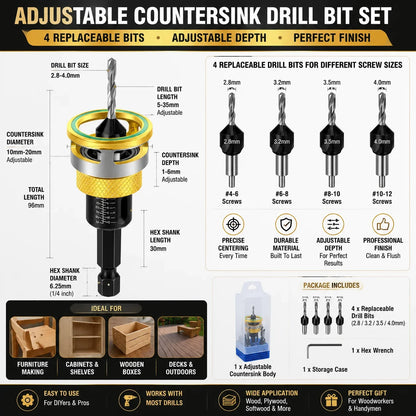 Workshop-Ready Adjustable Countersink Drill Bit Set – Professional