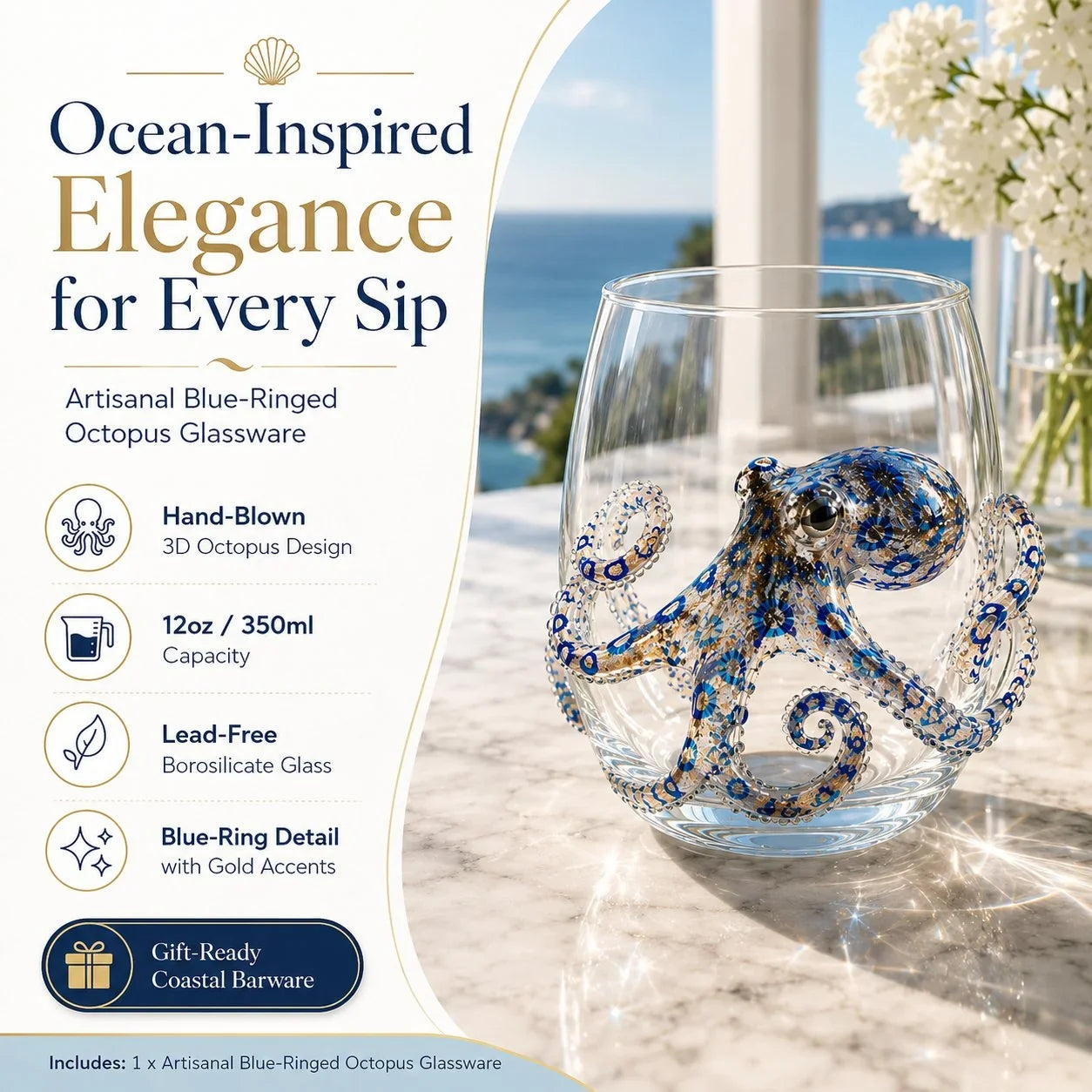 Distinctive Artisanal Blue Ringed Octopus Glassware for Everyday Wear