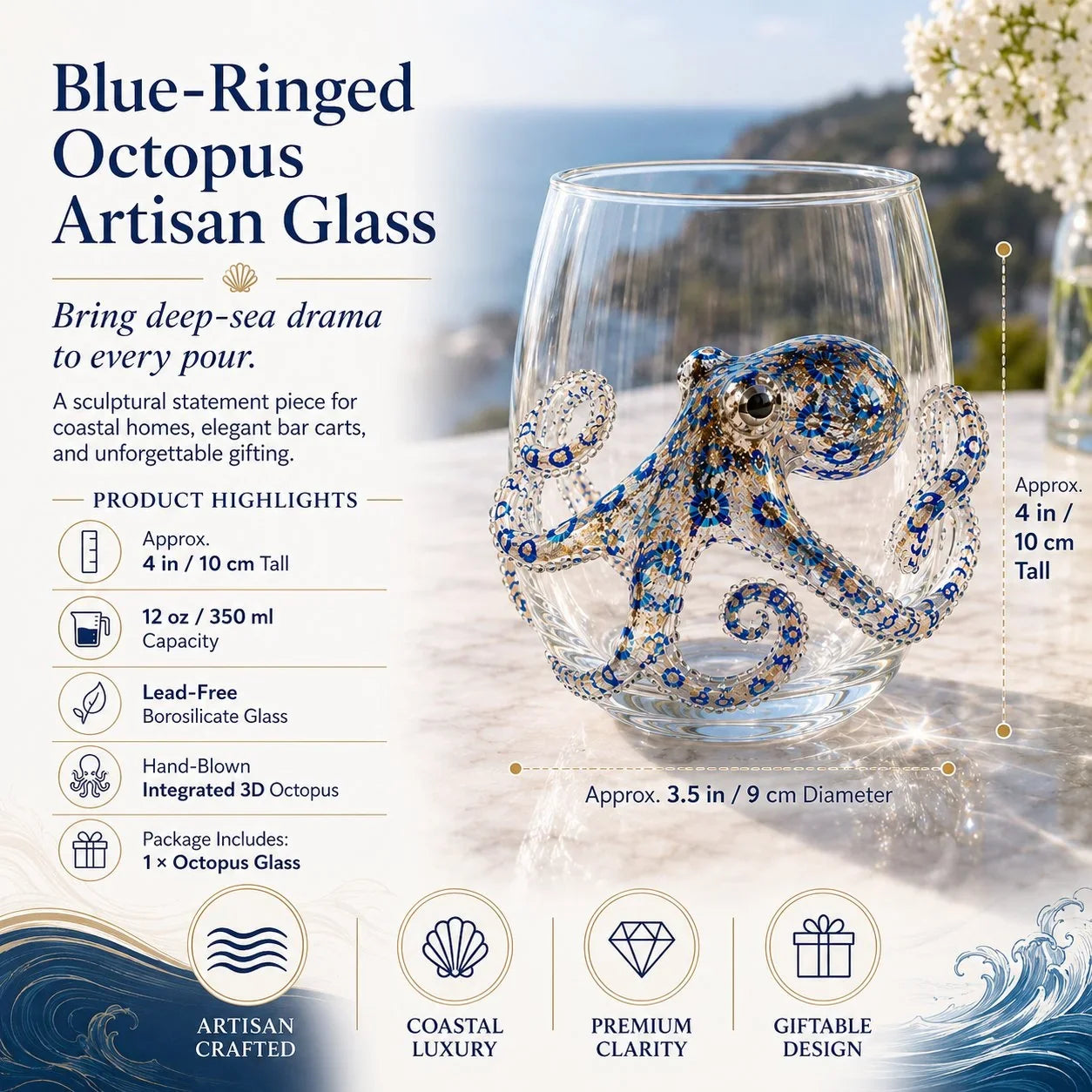 Distinctive Artisanal Blue Ringed Octopus Glassware for Everyday Wear