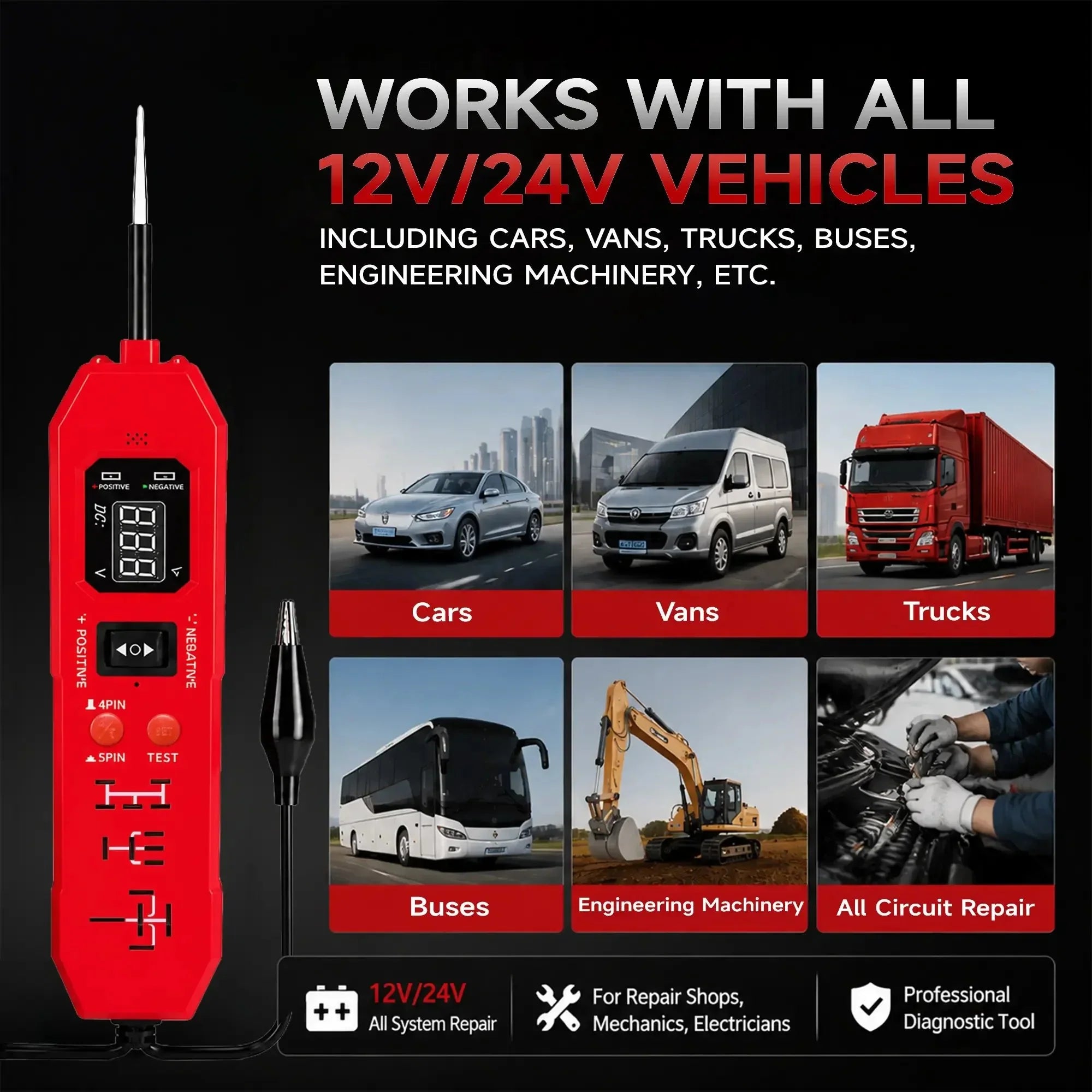 Vehicle-Ready Automotive Circuit & Relay Tester,12V/24V Vehicle