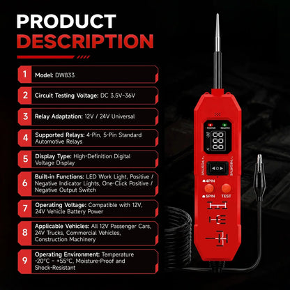 Vehicle-Ready Automotive Circuit & Relay Tester,12V/24V Vehicle