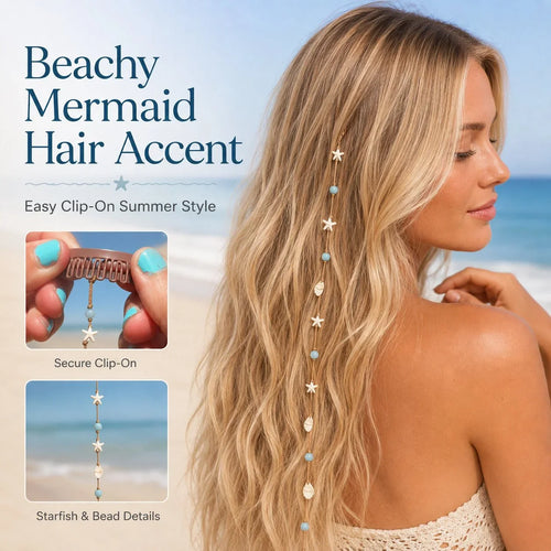 Mermaid Hair Clip with Blue Beads, Starfish and Shell Charms