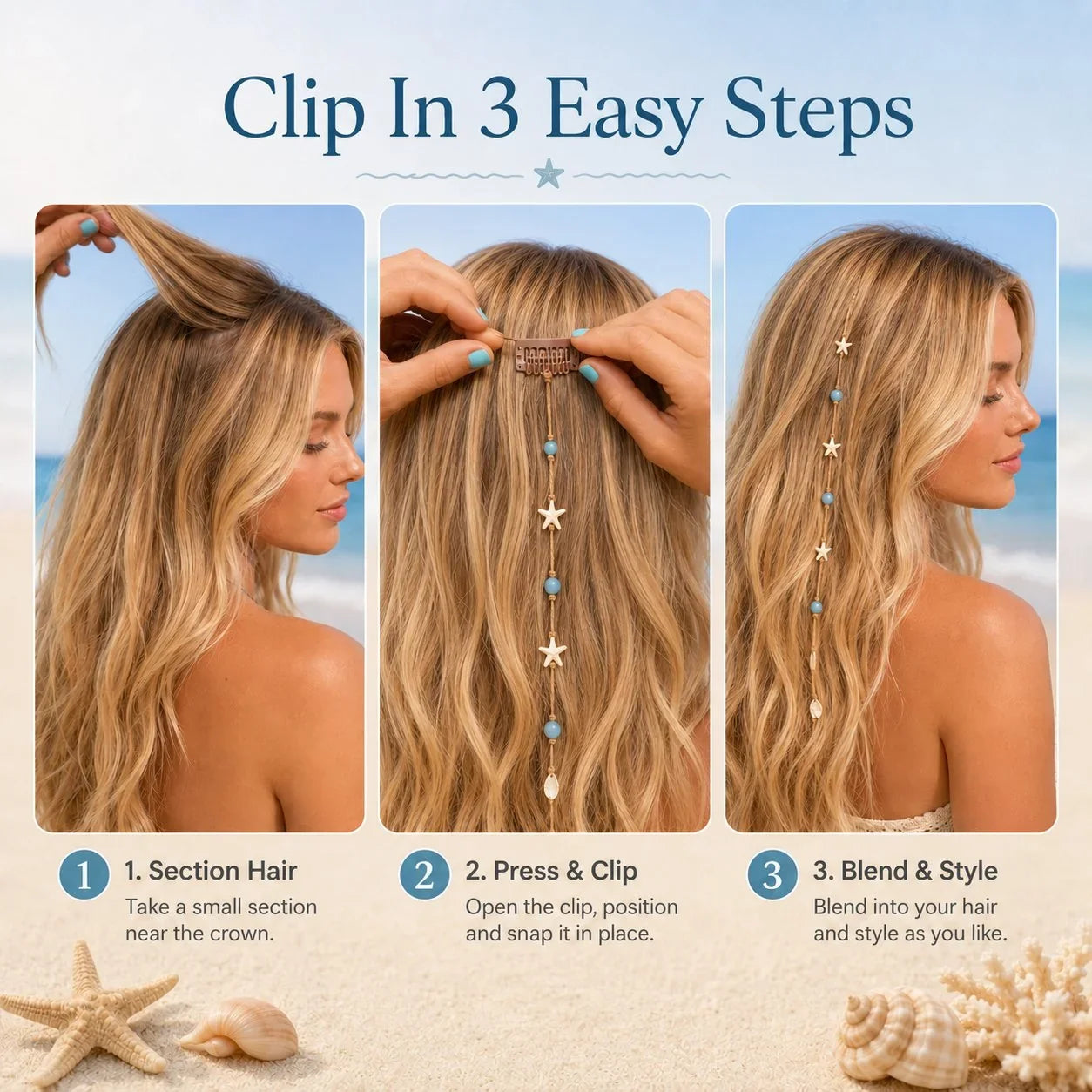 Mermaid Hair Clip with Blue Beads, Starfish and Shell Charms