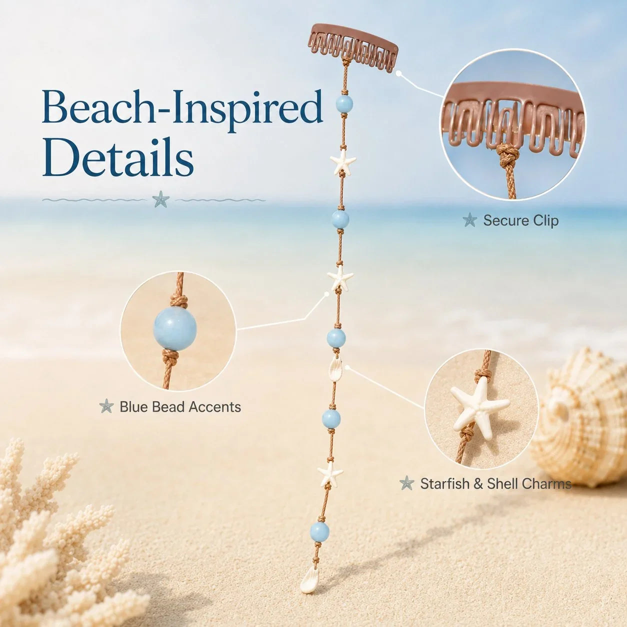 Mermaid Hair Clip with Blue Beads, Starfish and Shell Charms