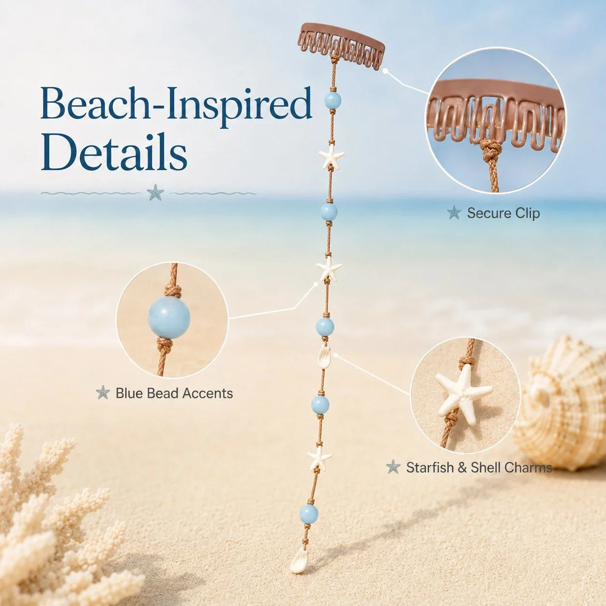 Mermaid Hair Clip with Blue Beads, Starfish and Shell Charms