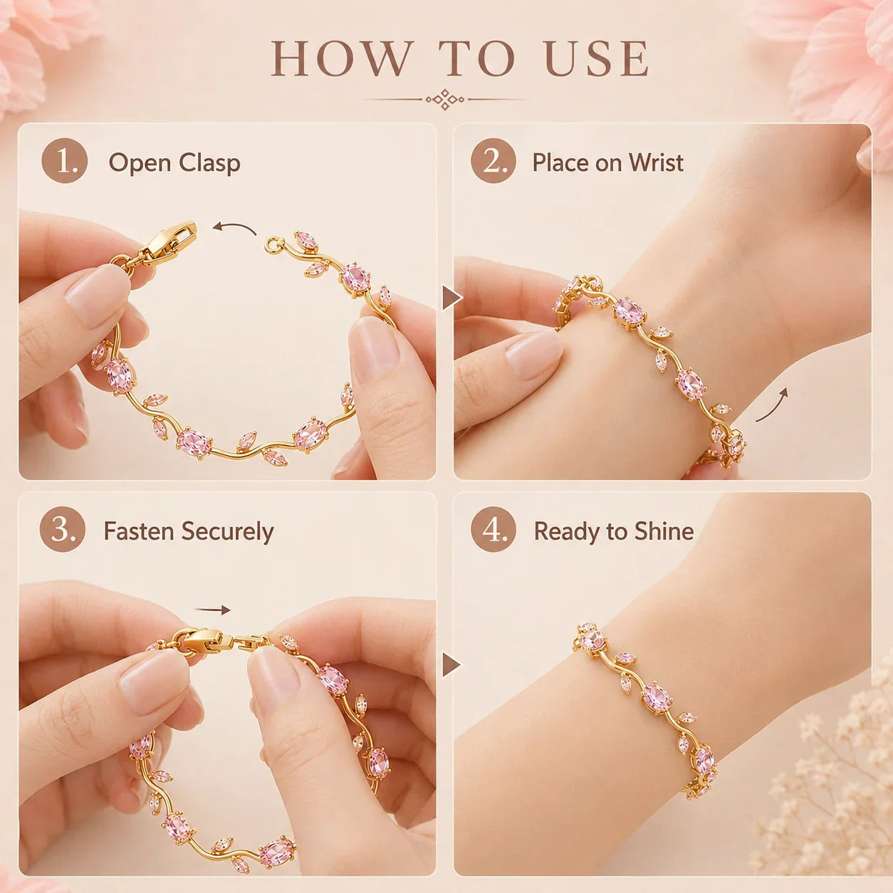 Gold-Plated Stainless Steel Bracelet with Pink Tulips