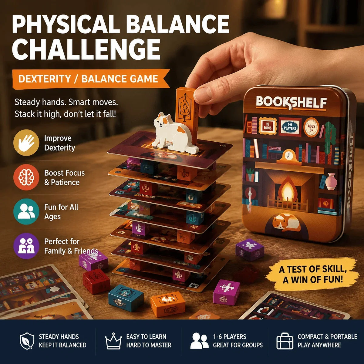 Vehicle-Ready Bookshelf Cooperative Stacking Game – Skill & Balance