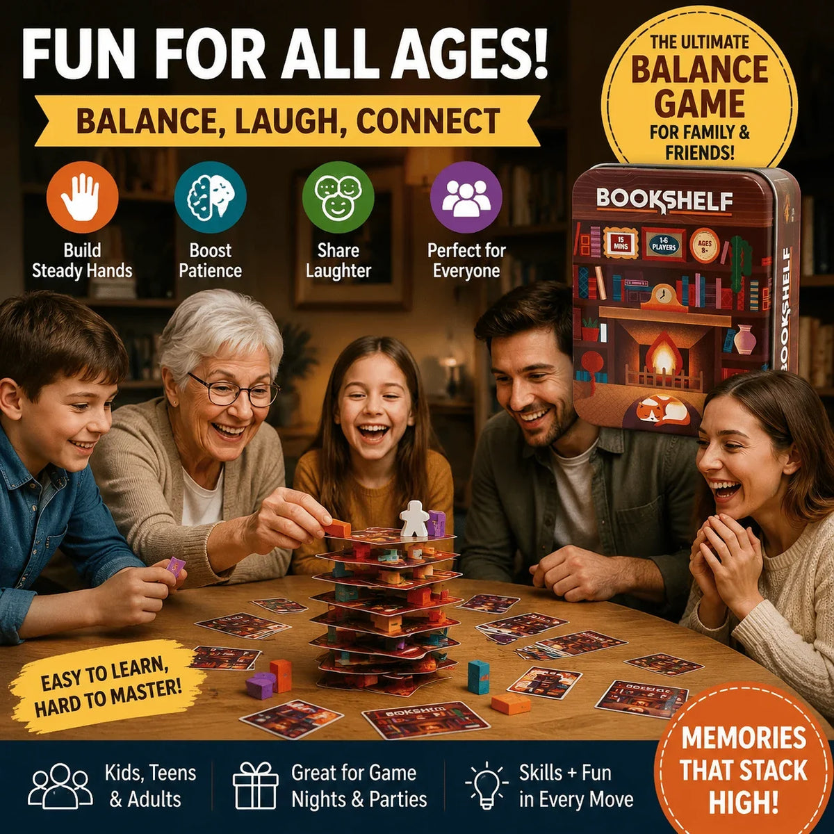 Vehicle-Ready Bookshelf Cooperative Stacking Game – Skill & Balance