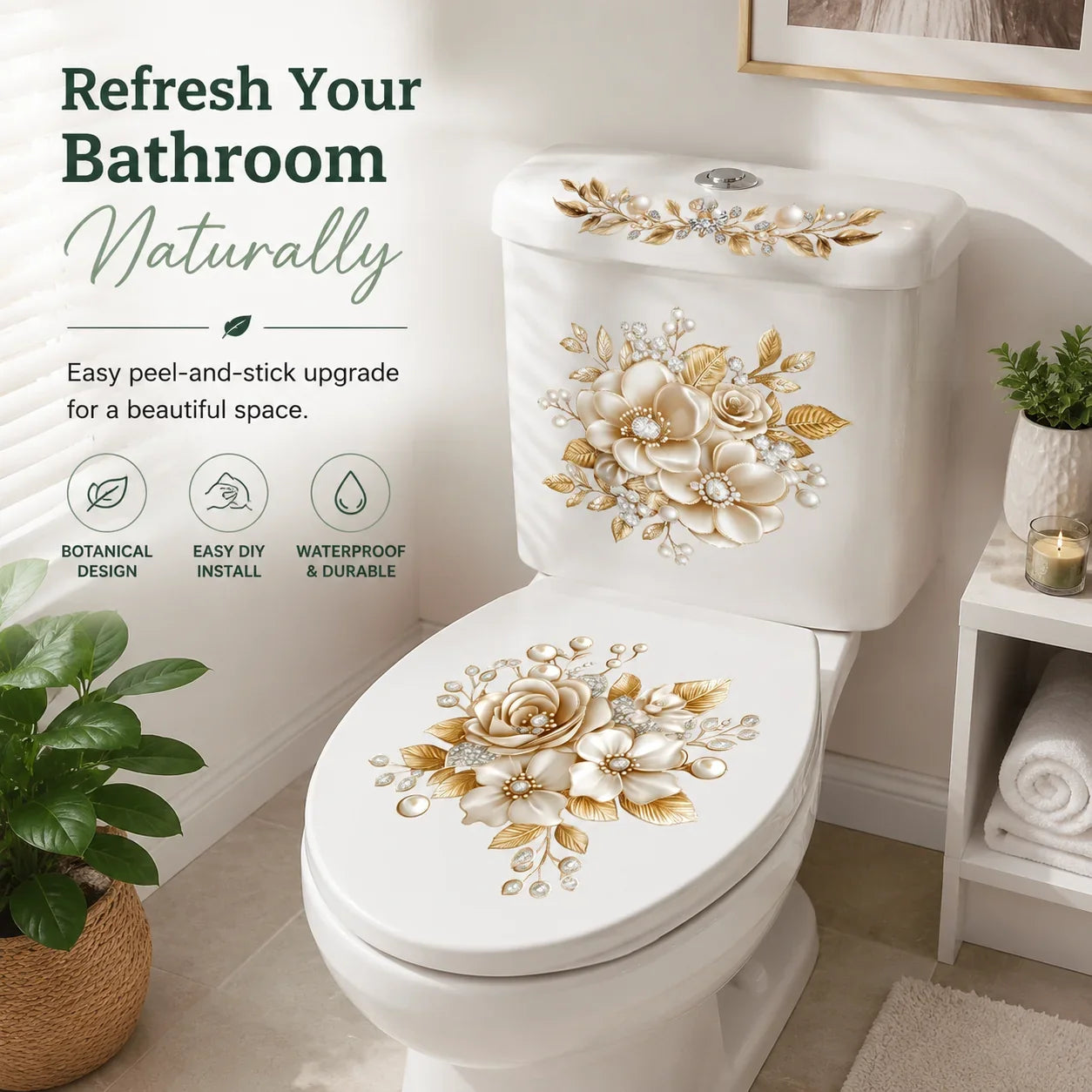 Purpose-Built Botanical Toilet Seat Sticker - Removable Green Leaf