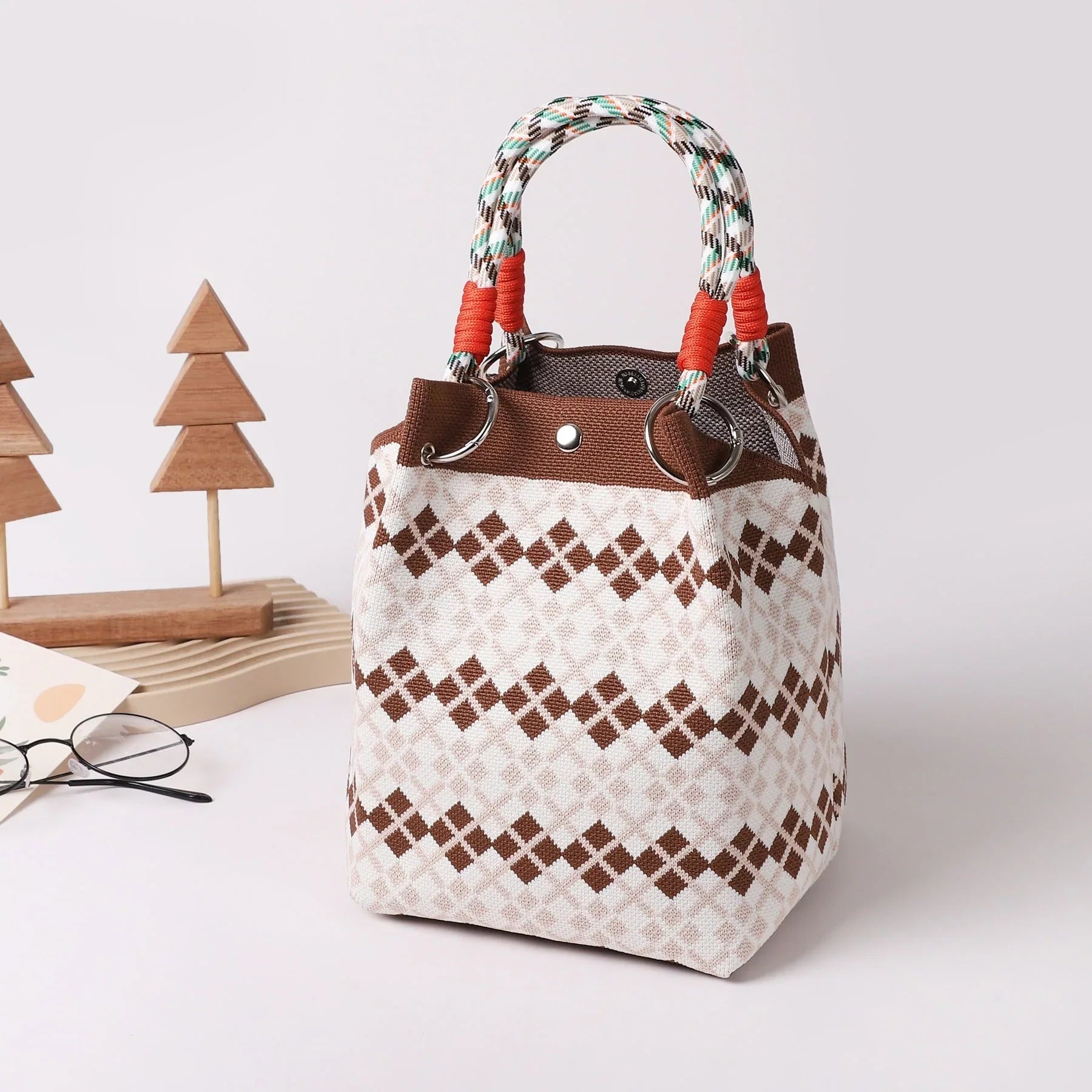 Space-Saving Boho Woven Polyester Bucket Bag for Organized Storage
