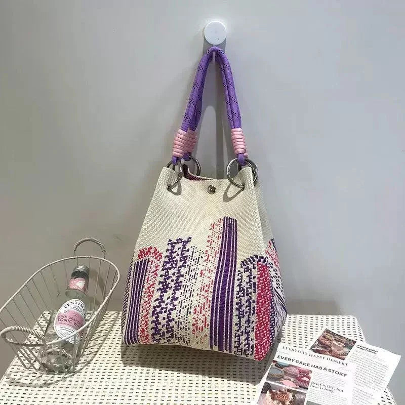 Space-Saving Boho Woven Polyester Bucket Bag for Organized Storage