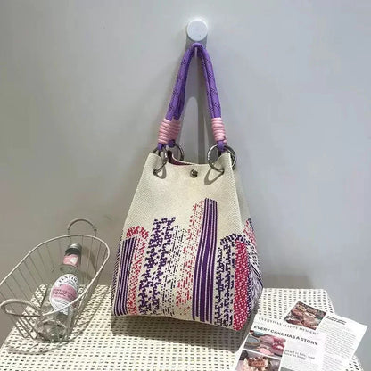 Space-Saving Boho Woven Polyester Bucket Bag for Organized Storage