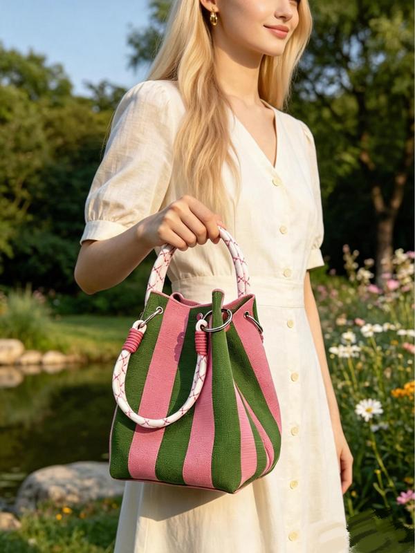 Space-Saving Boho Woven Polyester Bucket Bag for Organized Storage