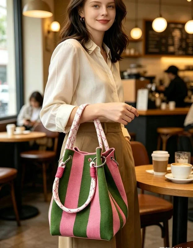 Space-Saving Boho Woven Polyester Bucket Bag for Organized Storage