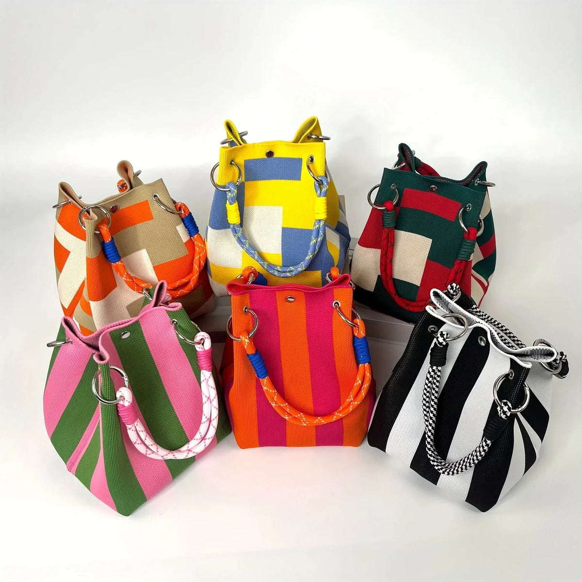 Space-Saving Boho Woven Polyester Bucket Bag for Organized Storage