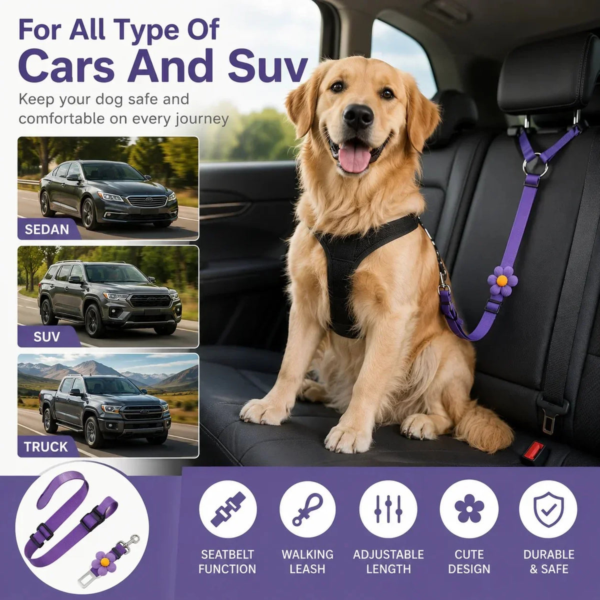 Vehicle-Ready 2-in-1 Dog Car Seat Belt & Walking Leash for Garage Use