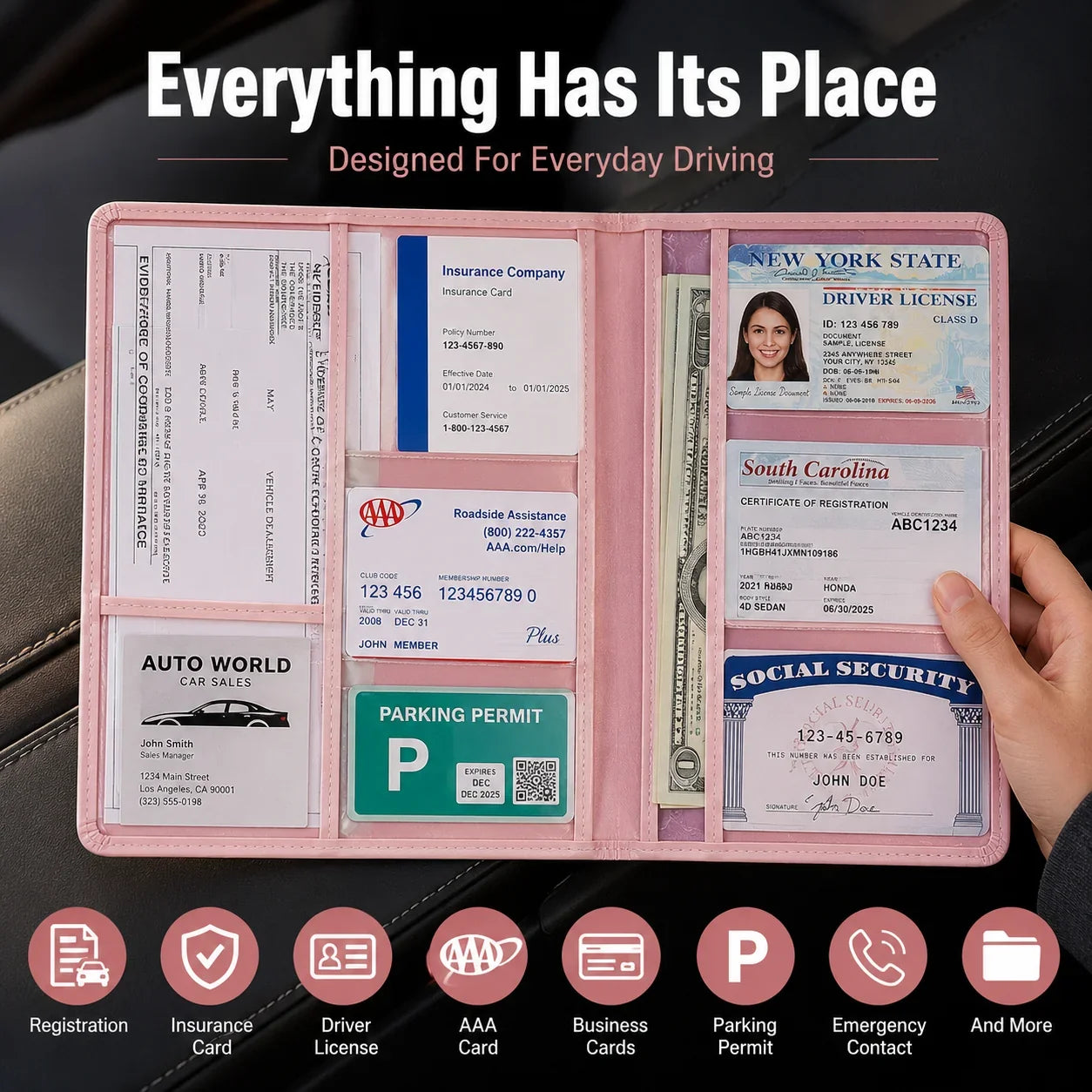 Vehicle-Ready Car Registration & Insurance Document Holder – PU