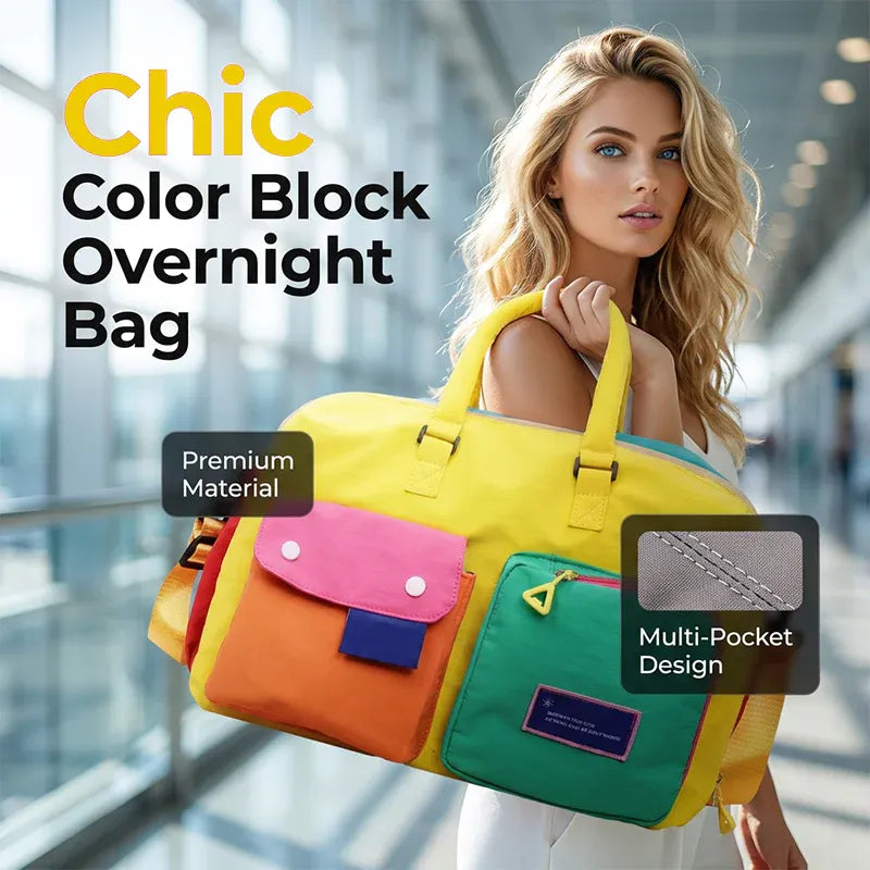 Space-Saving Casual Color Block Overnight Bag for Organized Storage