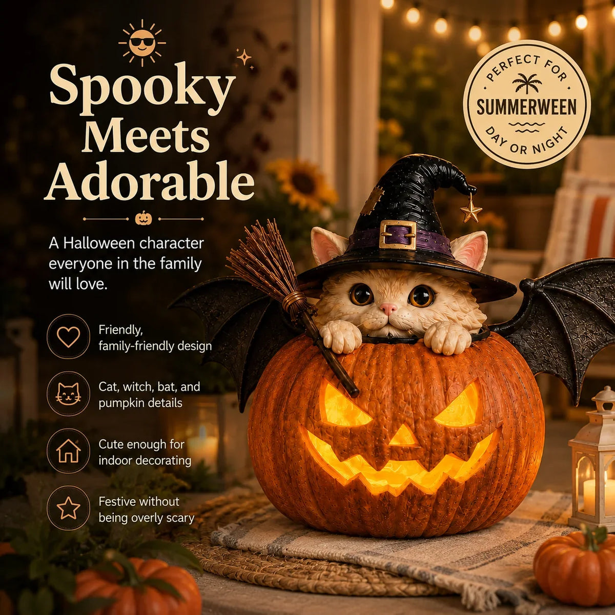Decorative Summerween Lighted Witch Cat Pumpkin Decor with Flickering