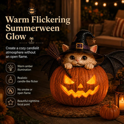 Decorative Summerween Lighted Witch Cat Pumpkin Decor with Flickering