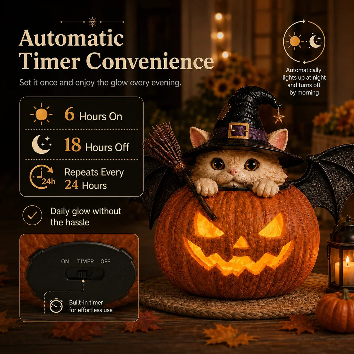 Decorative Summerween Lighted Witch Cat Pumpkin Decor with Flickering