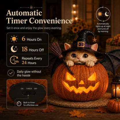 Decorative Summerween Lighted Witch Cat Pumpkin Decor with Flickering