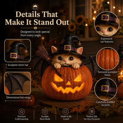 Decorative Summerween Lighted Witch Cat Pumpkin Decor with Flickering