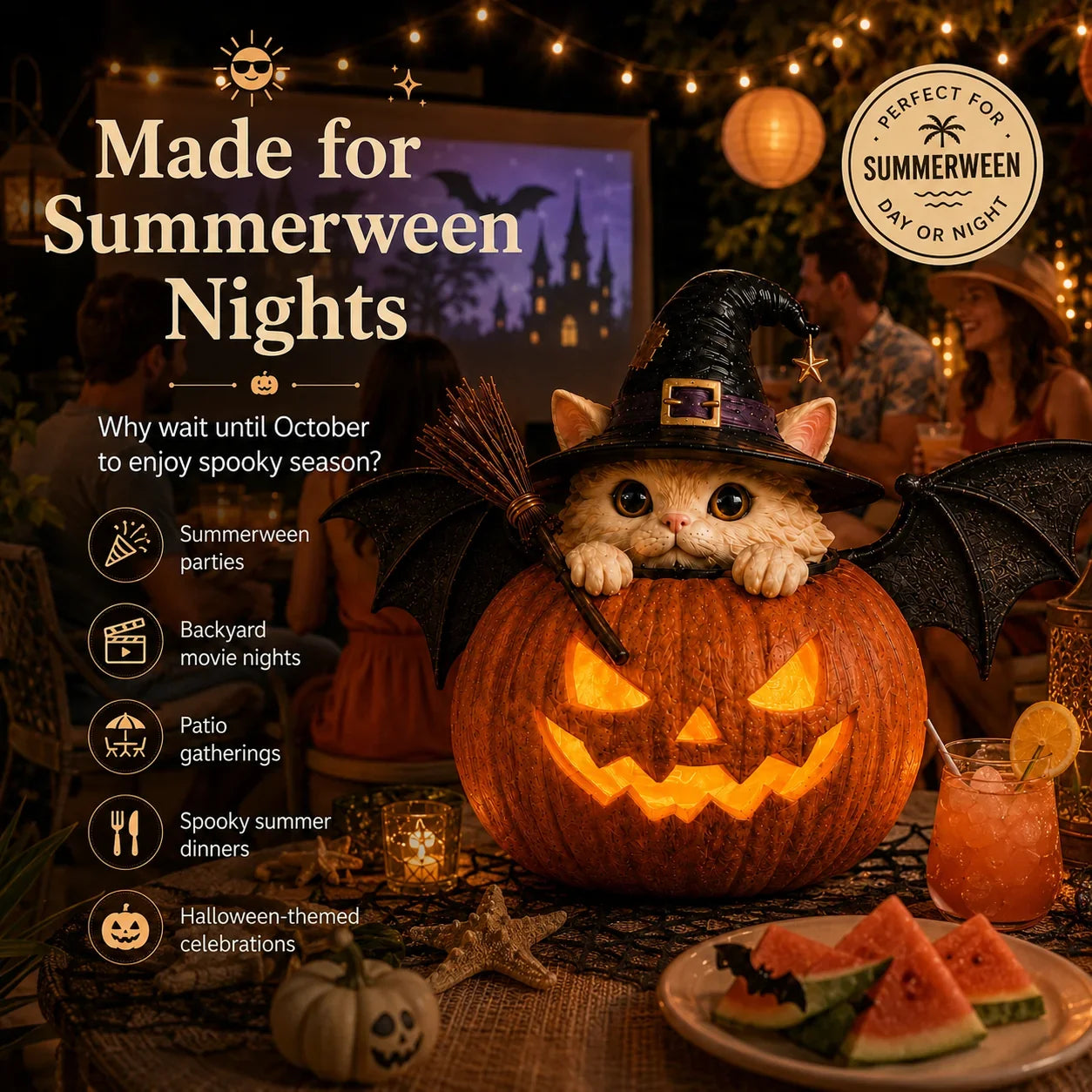 Decorative Summerween Lighted Witch Cat Pumpkin Decor with Flickering